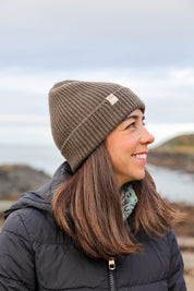 Malin Cashmere + Merino Mix Ribbed Beanie - Seaweed Green Brown