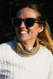 Made with sustainable speckled charcoal wheat straw or coffee residue frame and walnut wood temples, these stylish shades are lightweight, comfortable and eco-friendly with their plastic alternative materials. Fitted with UV400 polarised lenses in a smoke black colour and subtle logo is engraved on the temples. Sunglasses come with a padded pouch and microfibre cleaning cloth. 
